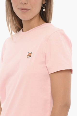 Solid Color Crew-neck T-Shirt with Fox Embroidery