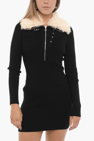 Ribbed Bodycon Dress with Faux Fur Detail