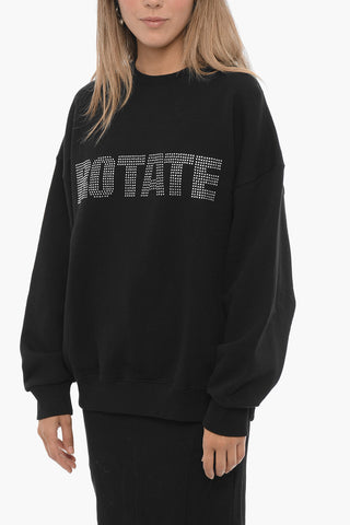 Fleeced Cotton Crew-neck Sweatshirt with Rhinestone Embellished Logo