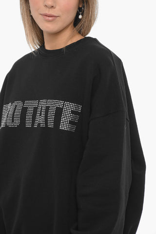 Fleeced Cotton Crew-neck Sweatshirt with Rhinestone Embellished Logo