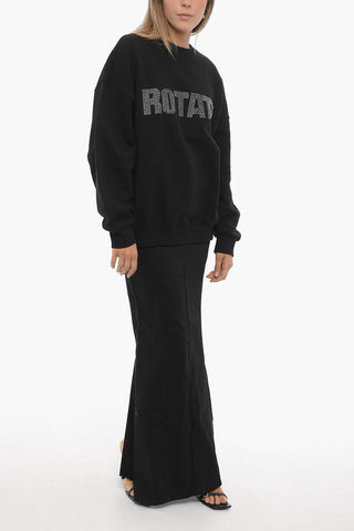 Fleeced Cotton Crew-neck Sweatshirt with Rhinestone Embellished Logo