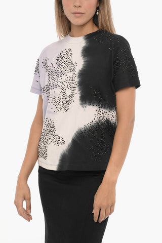 Acid Wash Effect Crew-neck T-shirt with Rhinestone