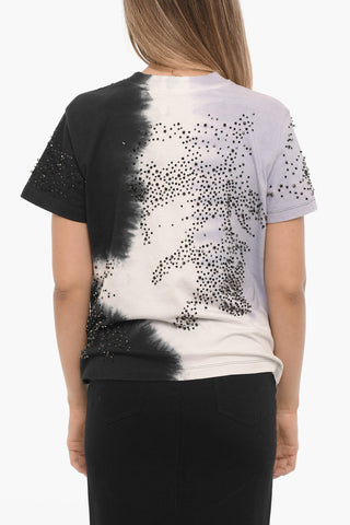 Acid Wash Effect Crew-neck T-shirt with Rhinestone