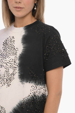 Acid Wash Effect Crew-neck T-shirt with Rhinestone