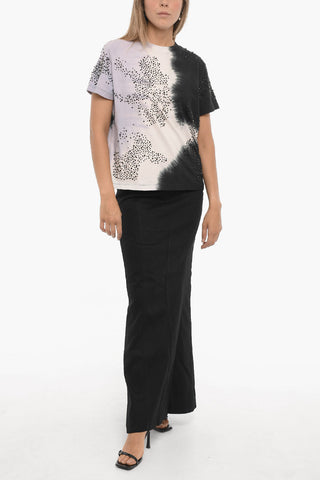 Acid Wash Effect Crew-neck T-shirt with Rhinestone