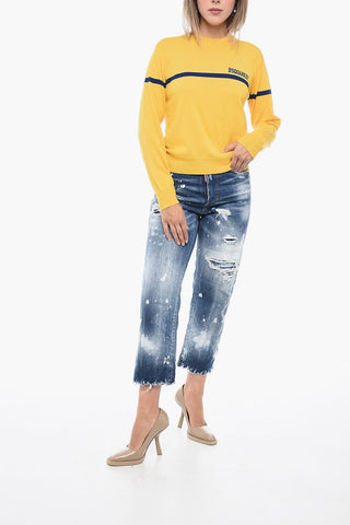 Crew Neck Virgin Wool Sweater with Embroidered Logo