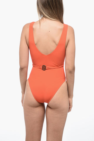One-Piece Swimsuit with Cups and Logo Belt