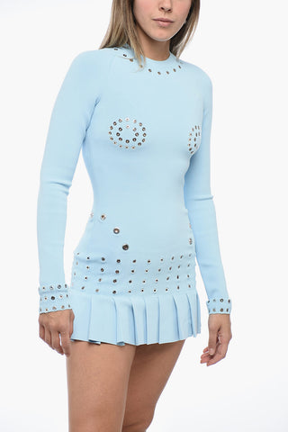Pleated Mini Dress with Eyelets Detailing