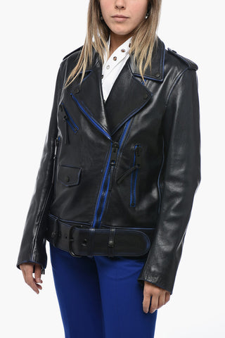 Leather Oversized Biker Jacket with Contrasting Trims