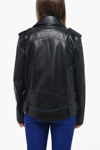 Leather Oversized Biker Jacket with Contrasting Trims