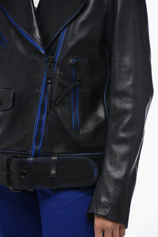 Leather Oversized Biker Jacket with Contrasting Trims