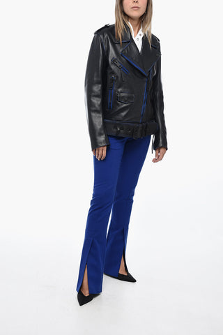 Leather Oversized Biker Jacket with Contrasting Trims