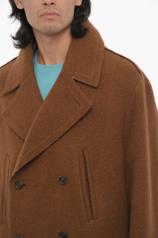 Solid Color LEON Double-Breasted Coat with Metal Logo