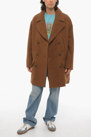 Solid Color LEON Double-Breasted Coat with Metal Logo