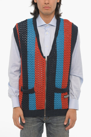Sleeveless Perforated Cotton Cardigan with Zip Closure