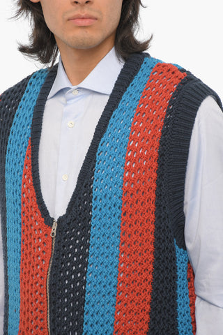 Sleeveless Perforated Cotton Cardigan with Zip Closure
