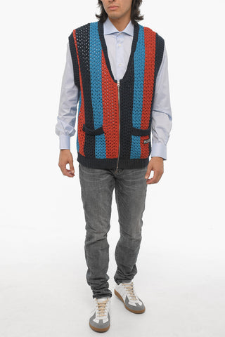 Sleeveless Perforated Cotton Cardigan with Zip Closure