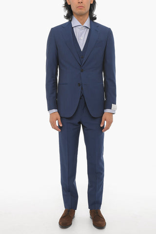 Wool Side Vents Notch Lapel 3 Piece Waistcoat Suit