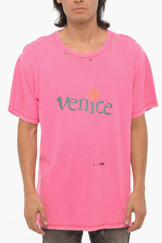 Vintage Effect Cotton and Linen VENICE BE NICE Crew-neck T-Shirt