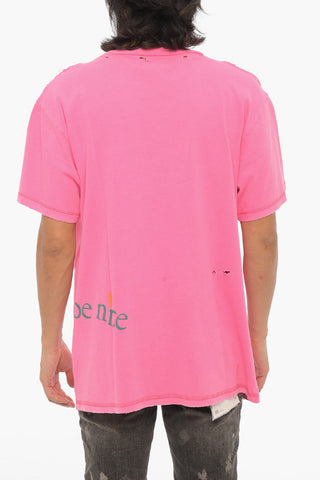 Vintage Effect Cotton and Linen VENICE BE NICE Crew-neck T-Shirt