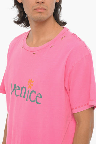 Vintage Effect Cotton and Linen VENICE BE NICE Crew-neck T-Shirt