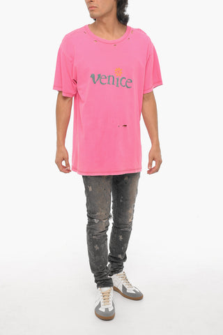 Vintage Effect Cotton and Linen VENICE BE NICE Crew-neck T-Shirt