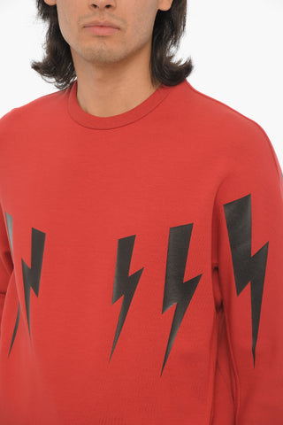 Neoprene Slim Fit Crew-neck Sweatshirt with Thunderbolts Print