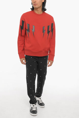 Neoprene Slim Fit Crew-neck Sweatshirt with Thunderbolts Print