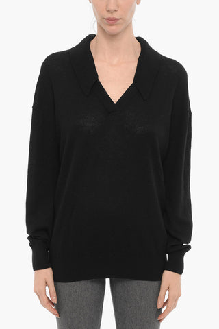 Solid Color Cashmere Sweater with Polo Neck
