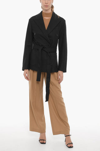 Solid Color Double-Breasted Blazer with Side Slits