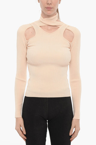 Solid Color Ribbed Sweater with Cut-Out Details