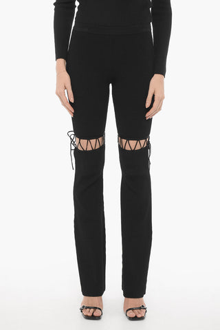 Ribbed Flared Pants with Lace-up Detail