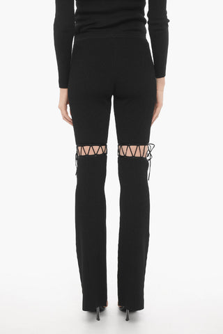 Ribbed Flared Pants with Lace-up Detail