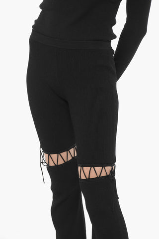 Ribbed Flared Pants with Lace-up Detail