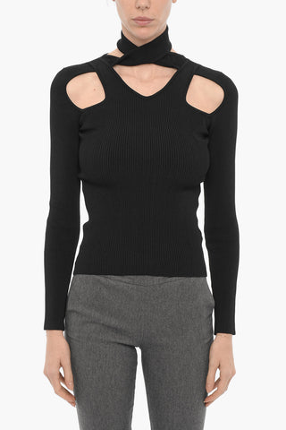 Ribbed V-Neck Sweater with Cut-Out Details