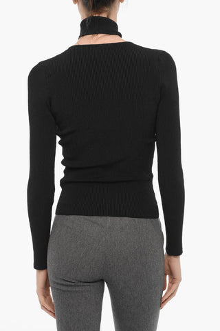 Ribbed V-Neck Sweater with Cut-Out Details