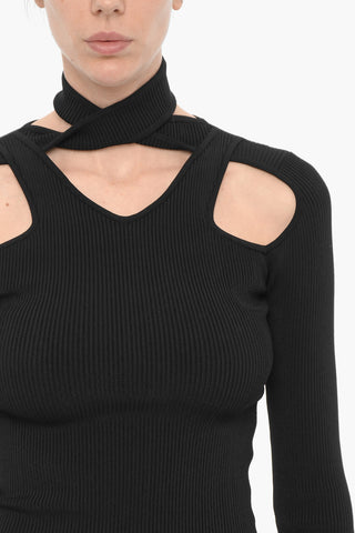 Ribbed V-Neck Sweater with Cut-Out Details