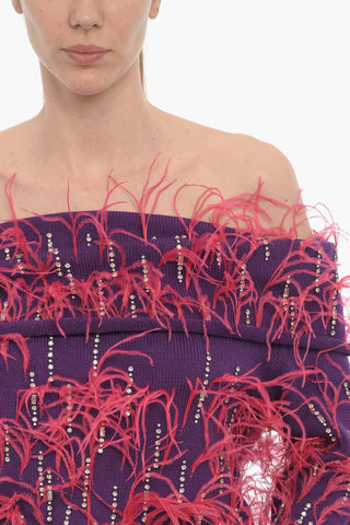 Maglia Scollo a Barca con Gioielli e Finte Piume