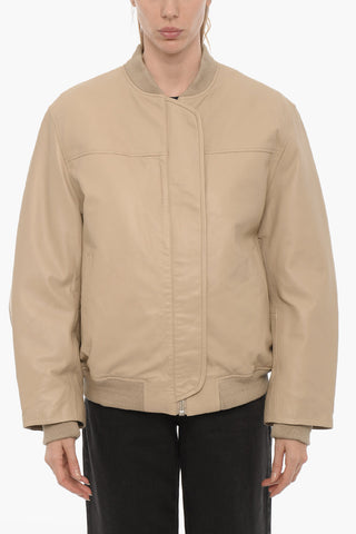 Leather Bomber Jacket with Hidden Closure