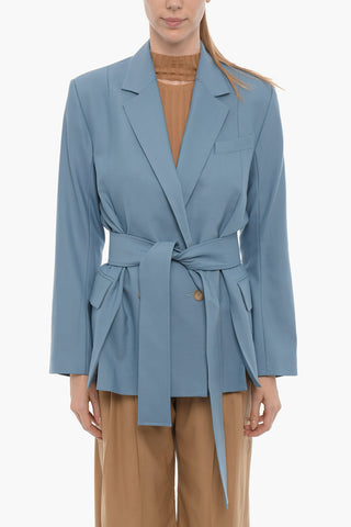 Virgin Wool-Blend Double-Breasted Blazer with Belt