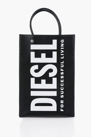 Leather Shopping Bag with Logoed Shoulder Strap