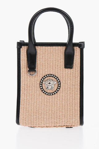 Rafia Logoed Mini Tote Bag with Leather Trims