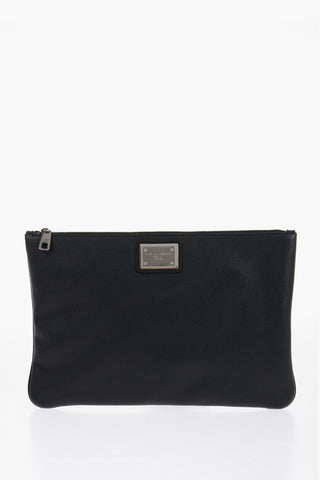 Leather and Nylon Clutch with Metal Placque