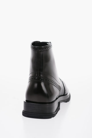 Brushed Leather Boots With Brogues Details