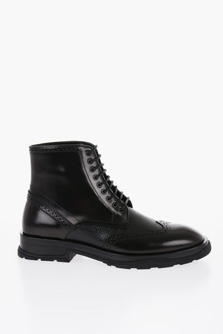Brushed Leather Boots With Brogues Details