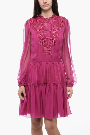 Silk Plissé Dress with Tone-on-Tone Embroidery
