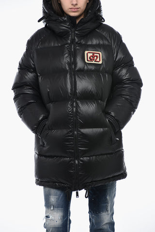 Hooded Down Jacket with Logo Patch