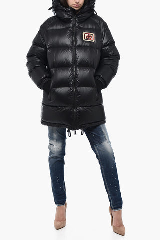 Hooded Down Jacket with Logo Patch