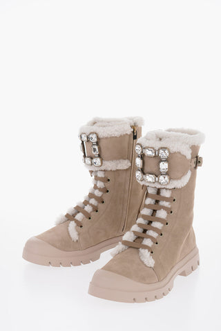 Shearling Lace-Up Boots with Swarovski Buckle