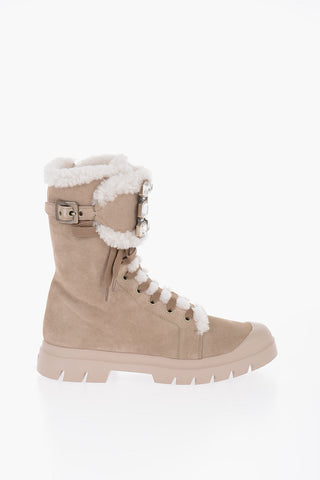 Shearling Lace-Up Boots with Swarovski Buckle